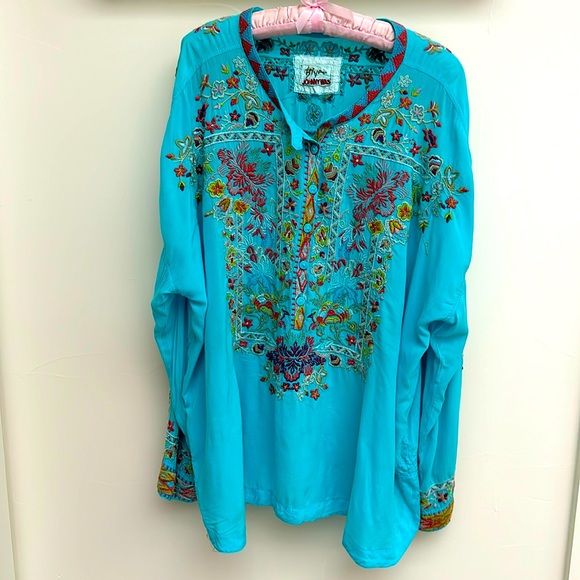 Johnny Was Tops - Johnny Was | L | Turquoise Rayon Blouse | Embroidered